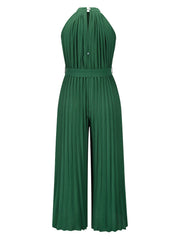 Dark green halter neckline pleated palazzo jumpsuit with belted waist.