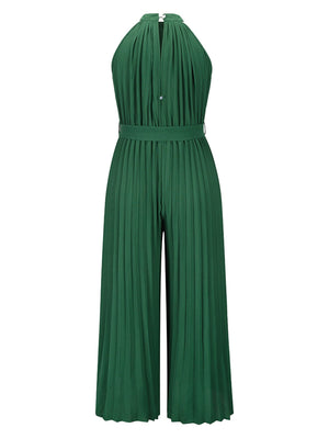 Dark green halter neckline pleated palazzo jumpsuit with belted waist.