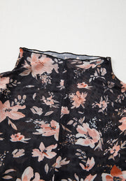 Black sheer floral mock neck blouse with lettuce edge trim