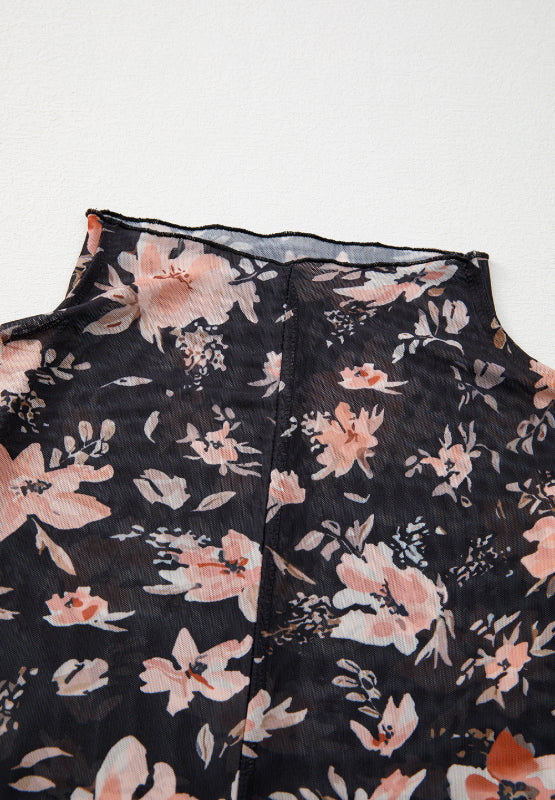 Black sheer floral mock neck blouse with lettuce edge trim