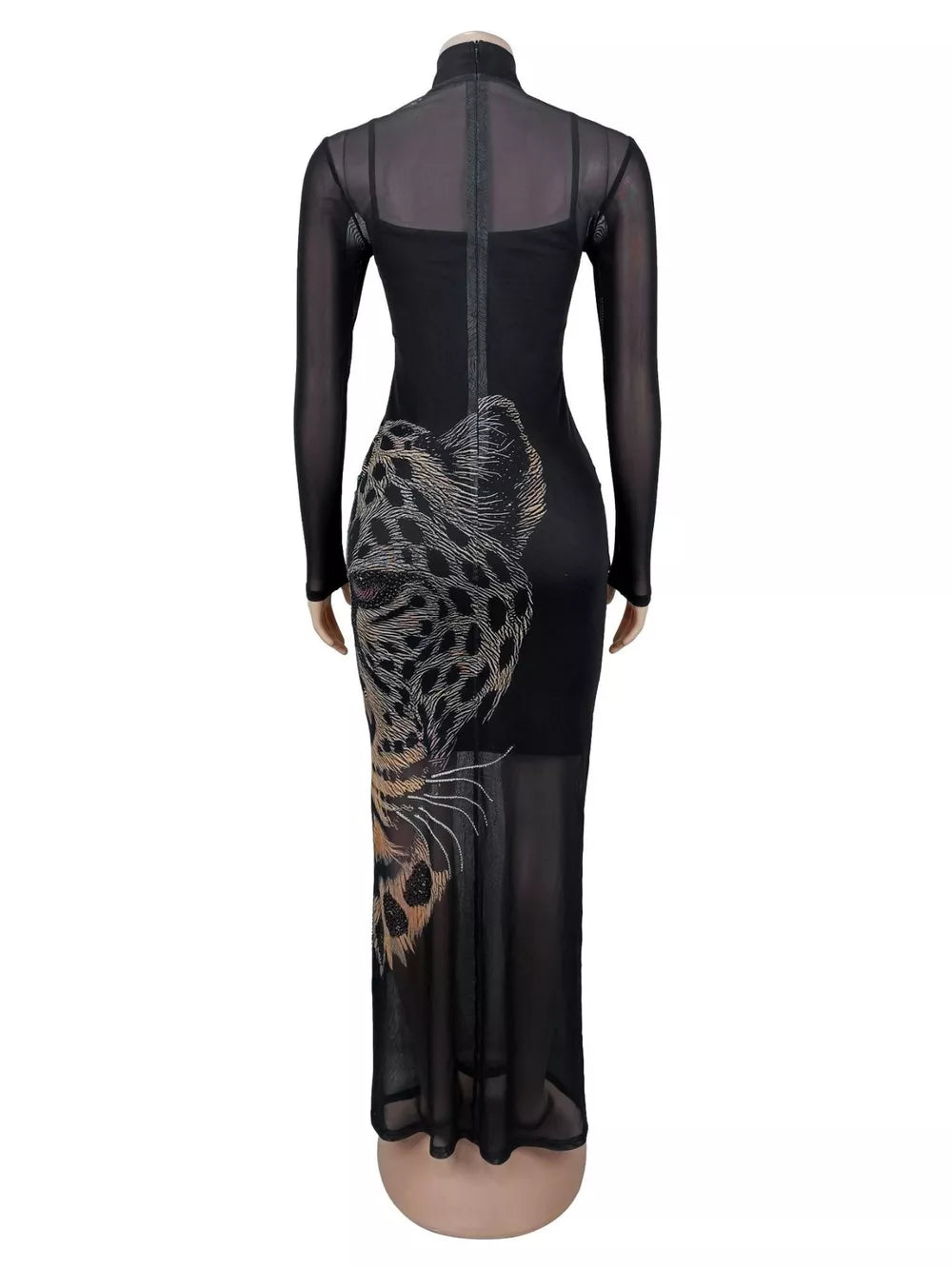 Leopard Print Mesh Long Sleeve Maxi Dress in Black, model styling view