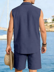 Navy linen sleeveless shirt and shorts set for men, relaxed fit, summer casual wear.