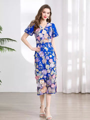 Embroidered Floral Puff Sleeve Midi Dress