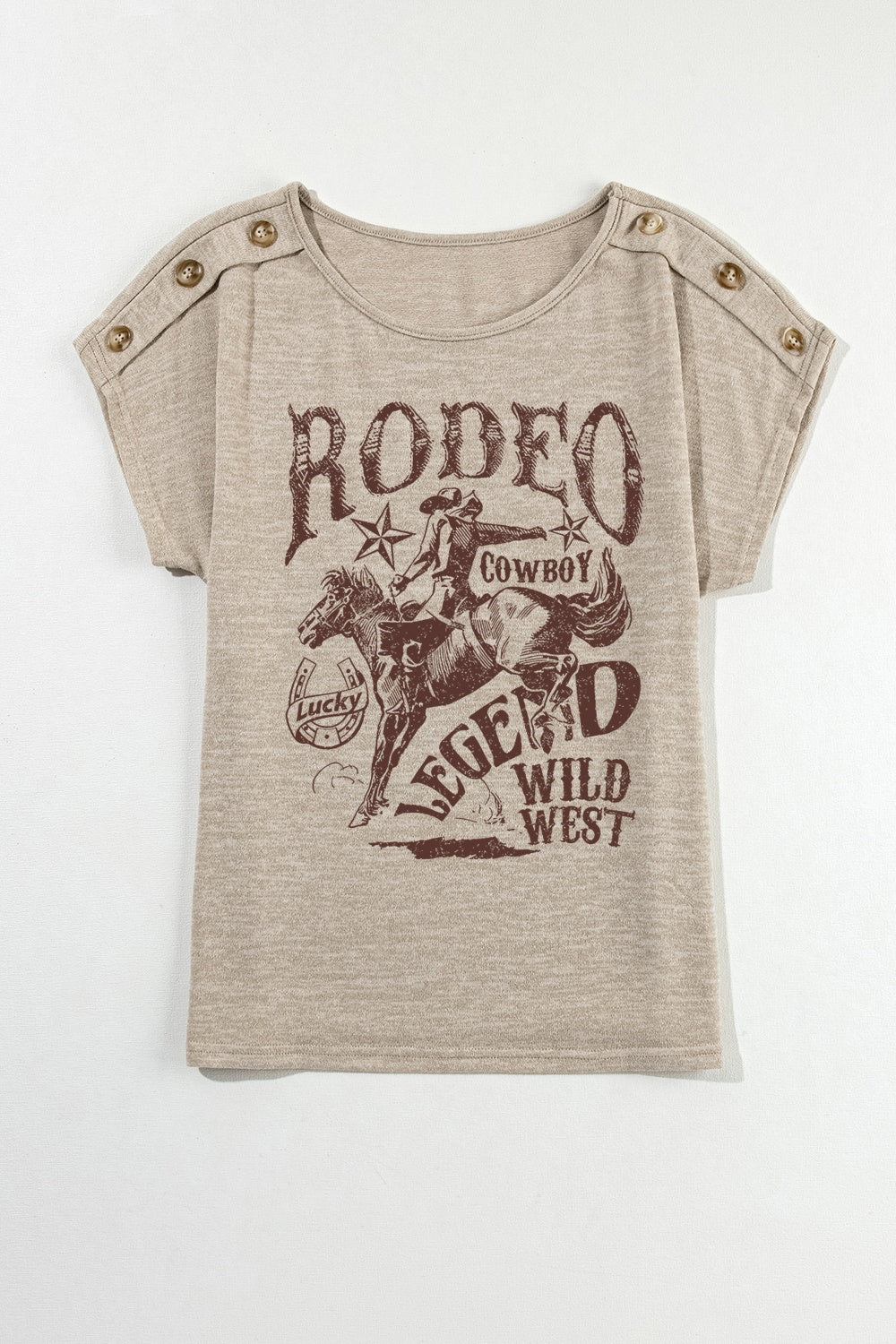 Khaki graphic tee with rodeo cowboy print and button shoulder details.
