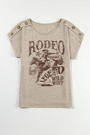 Khaki graphic tee with rodeo cowboy print and button shoulder details.