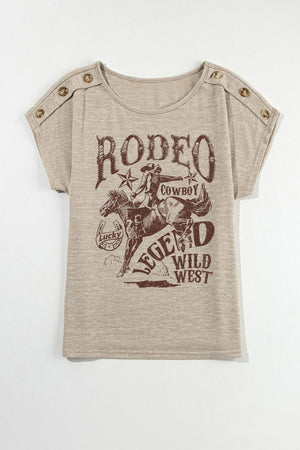 Khaki graphic tee with rodeo cowboy print and button shoulder details.
