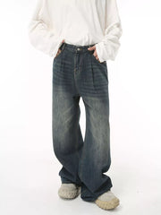 Men's dark wash wide leg denim jeans with front pleats and a relaxed fit.
