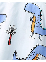 Light blue cotton t-shirt with a playful blue dinosaur and palm tree print.