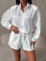 Zip Up Long Sleeve Outerwear And Shorts Set, front view