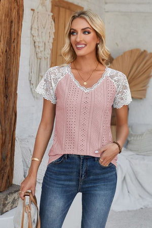 Dusty Pink eyelet raglan blouse with white lace sleeves and V-neck.