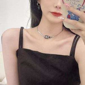 Chic Buckle Titanium Steel Silver Choker Necklace in Silver, model styling view