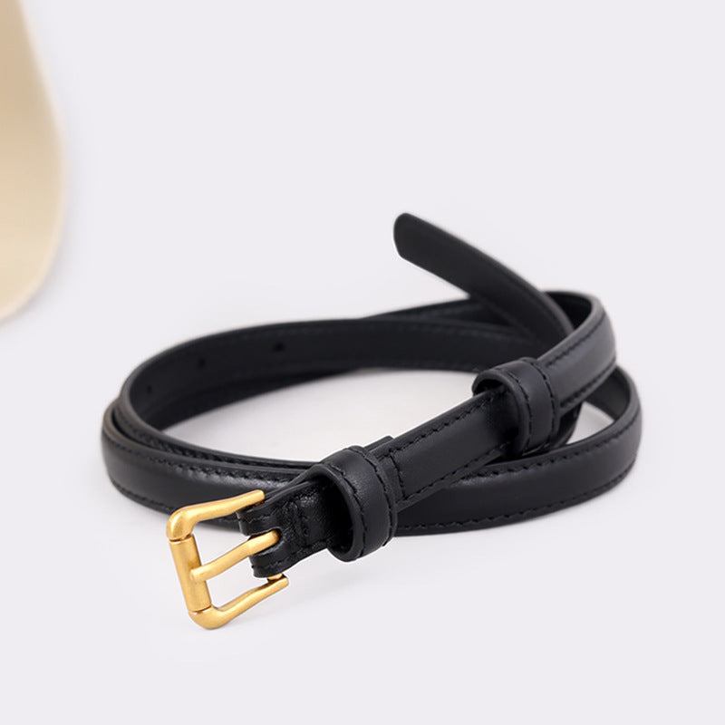 Black cowhide leather belt with gold buckle detail