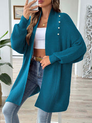 French Blue ribbed knit cardigan with pearl buttons and balloon sleeves.
