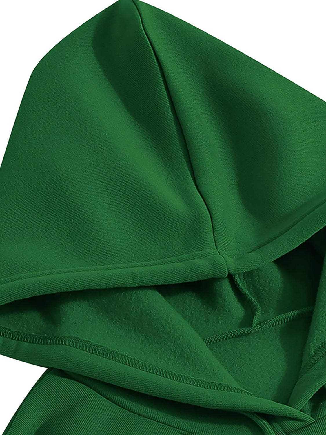 Green acrylic hoodie with adjustable drawstring hood and visible stitching detail.