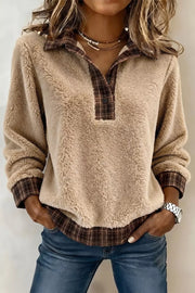 Plaid Collar Button Front Fleece Pullover Sweatshirt in Khaki, front view