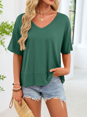 Relaxed fit dark green v-neck t-shirt with short sleeves and a layered hem detail.