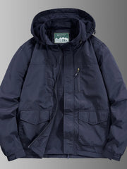 Dark blue hooded waterproof jacket with zip pockets and flap pockets