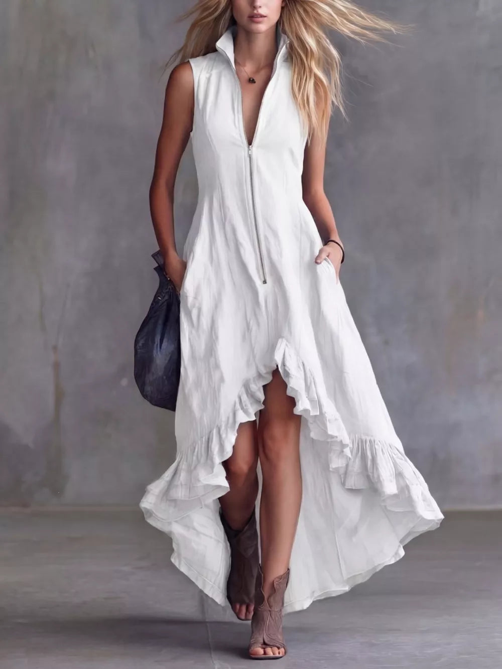 White sleeveless ruffled high-low dress with zipper detail and pockets