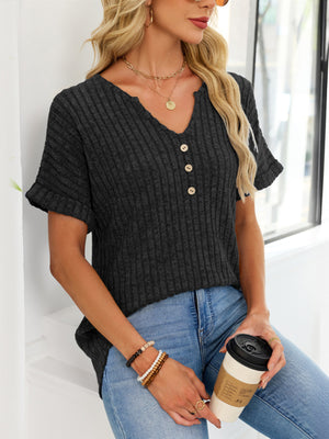 Black ribbed knit short sleeve t-shirt with V-neck and decorative buttons.
