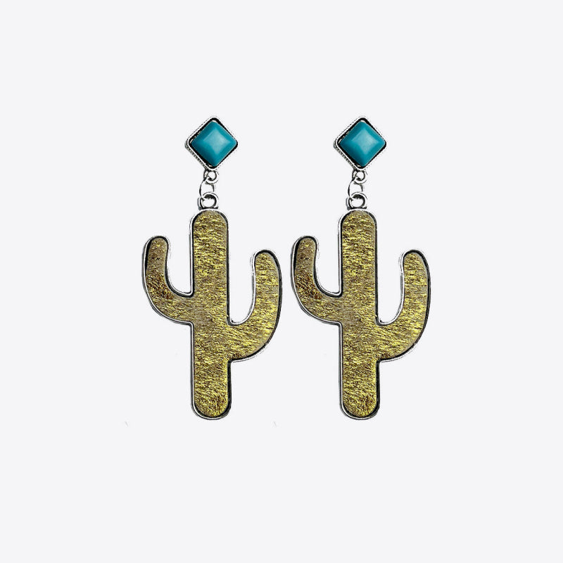 Cactus silhouette drop earrings with turquoise accents in alloy.