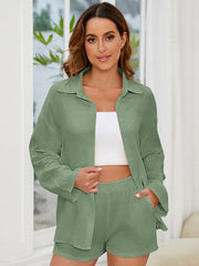 Relaxed fit Matcha Green textured cotton co-ord set with button-up shirt and shorts.