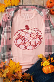 Blush pink t-shirt with a floral pumpkin graphic and bow detail.