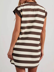 Brown and cream striped mini dress with cap sleeves and pockets.