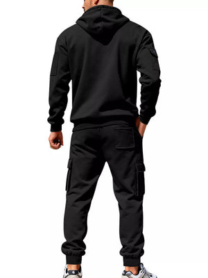 Men's Plus Size Casual Zip-up Hoodie And Cargo Pants Set in Dark Gray, fit detail