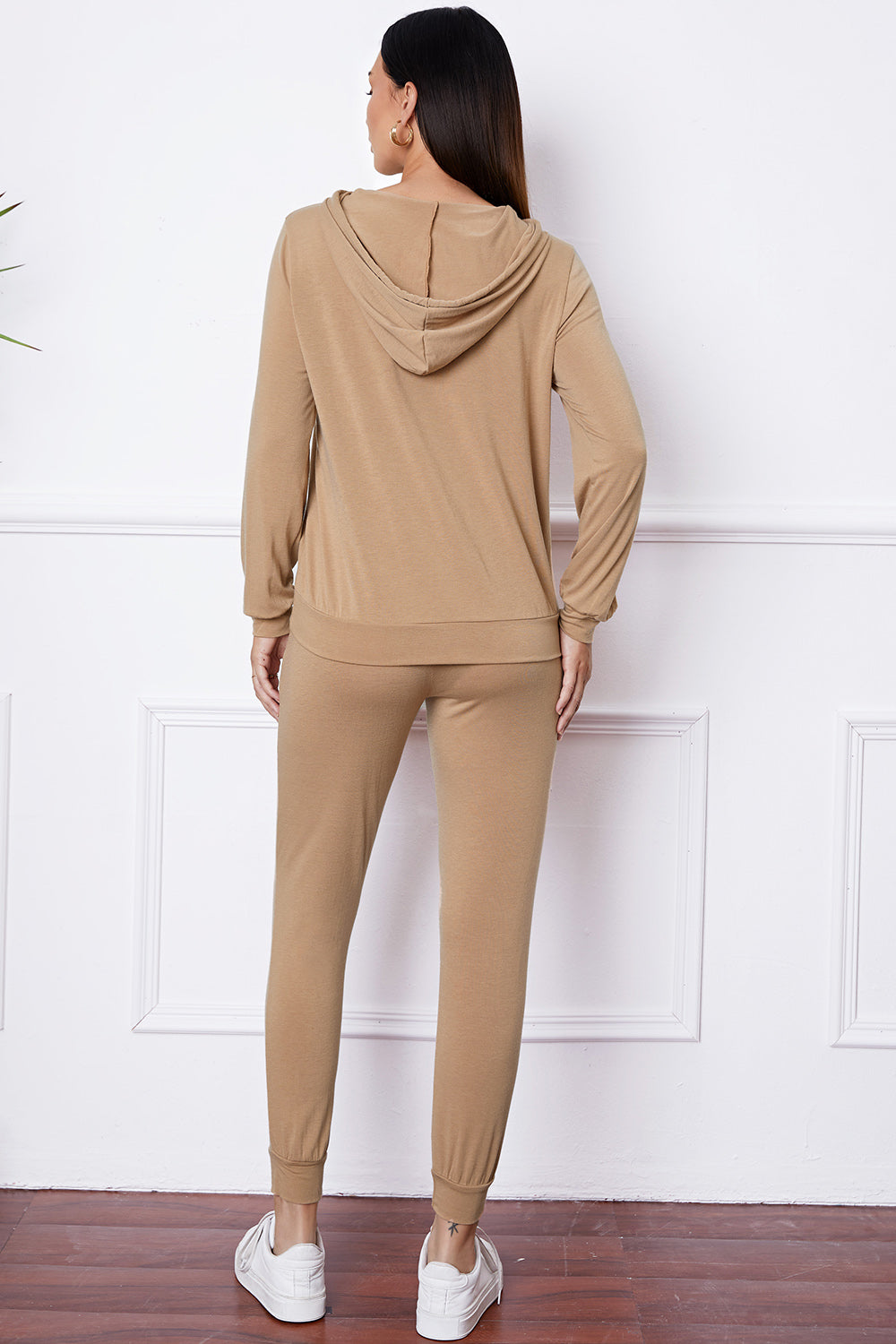 Khaki hooded loungewear set with long sleeves and jogger pants.