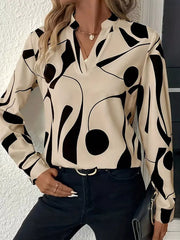 Abstract Print Notched Long Sleeve Blouse in Beige, front view