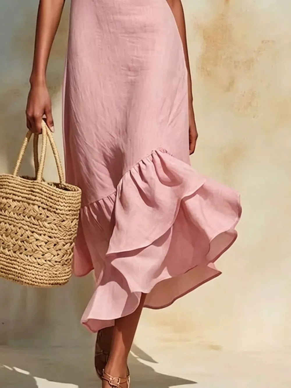 Full Size Ruffle Hem Sleeveless Midi Dress in Yellow, alternate angle