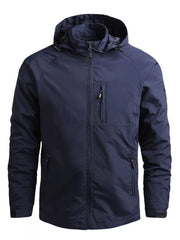 Men's dark blue hooded zip jacket with adjustable drawstring and multiple zippered pockets.