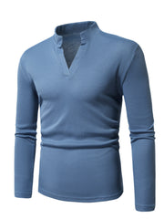 Men's dusty blue long sleeve t-shirt with notched V-neck and waffle knit texture.