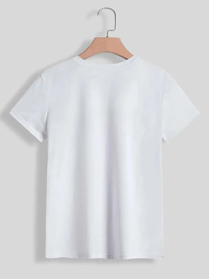 White t-shirt with short sleeves and crew neck, plain back.