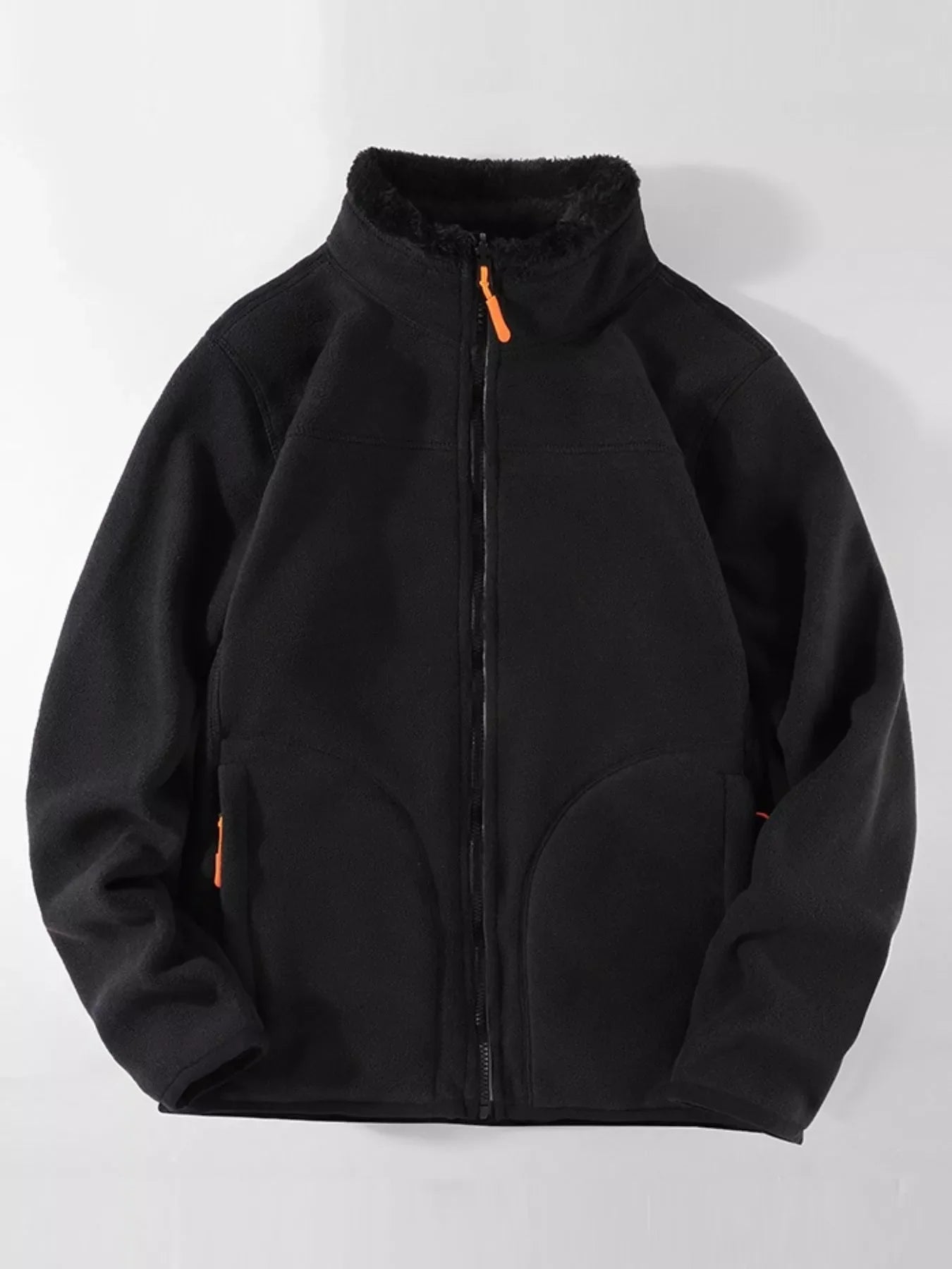 Black fleece lined full zip sweatshirt with orange zipper accents and faux fur collar.