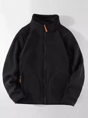 Black fleece lined full zip sweatshirt with orange zipper accents and faux fur collar.