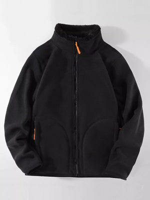 Black fleece lined full zip sweatshirt with orange zipper accents and faux fur collar.