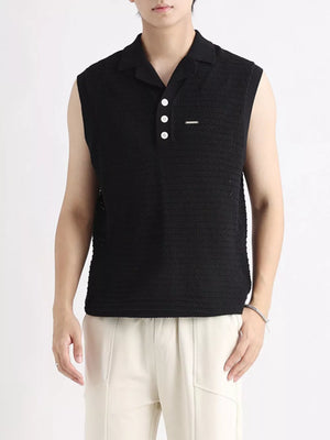 Black knit polo collar tank top with three white buttons and a textured weave.