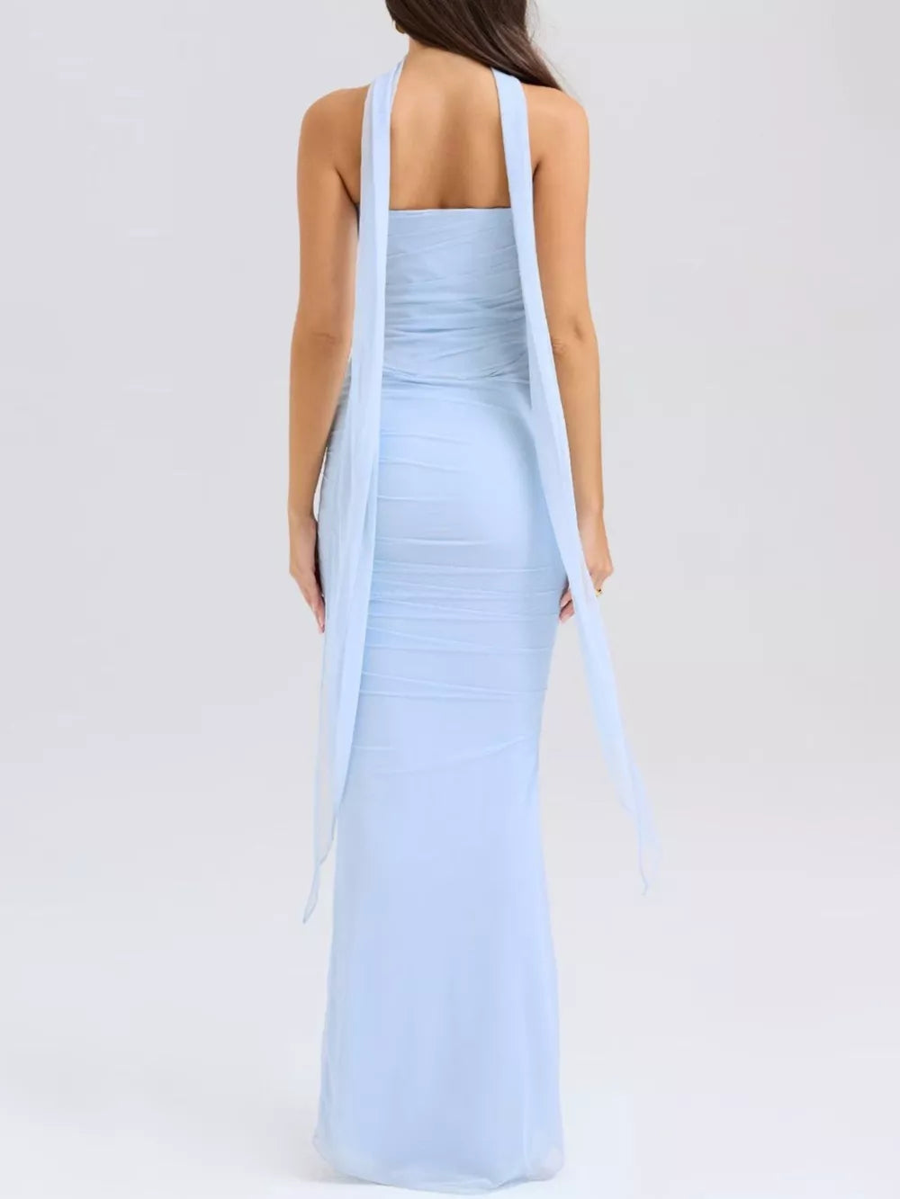 Sky blue sweetheart tube top maxi dress with ruched bodice and flowing scarf detail.