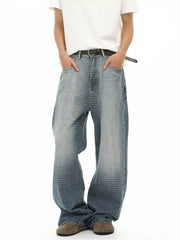 Men's relaxed-fit jeans in blue plaid denim with a buttoned front and belt.