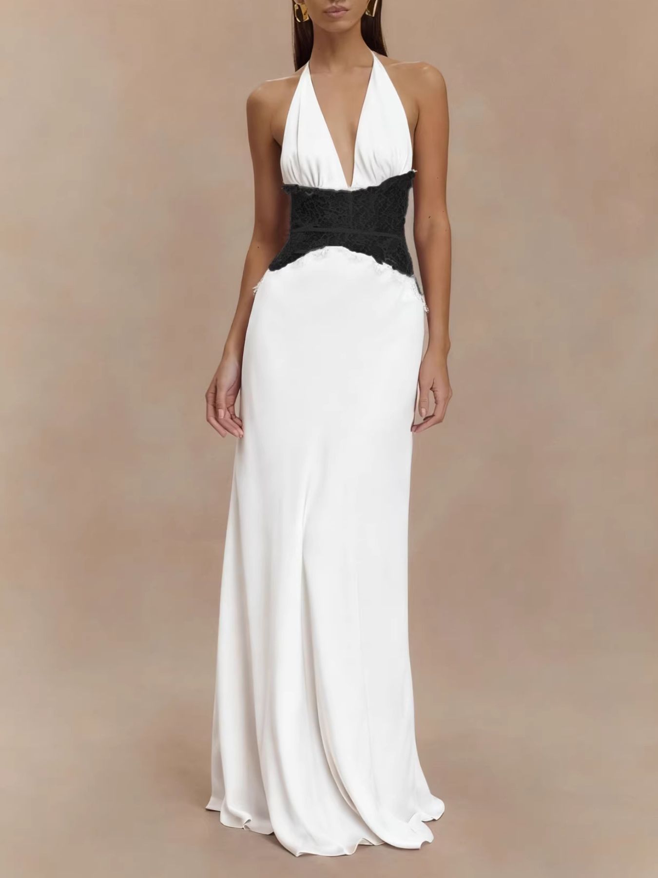 White halter neck maxi dress with black lace trim detail
