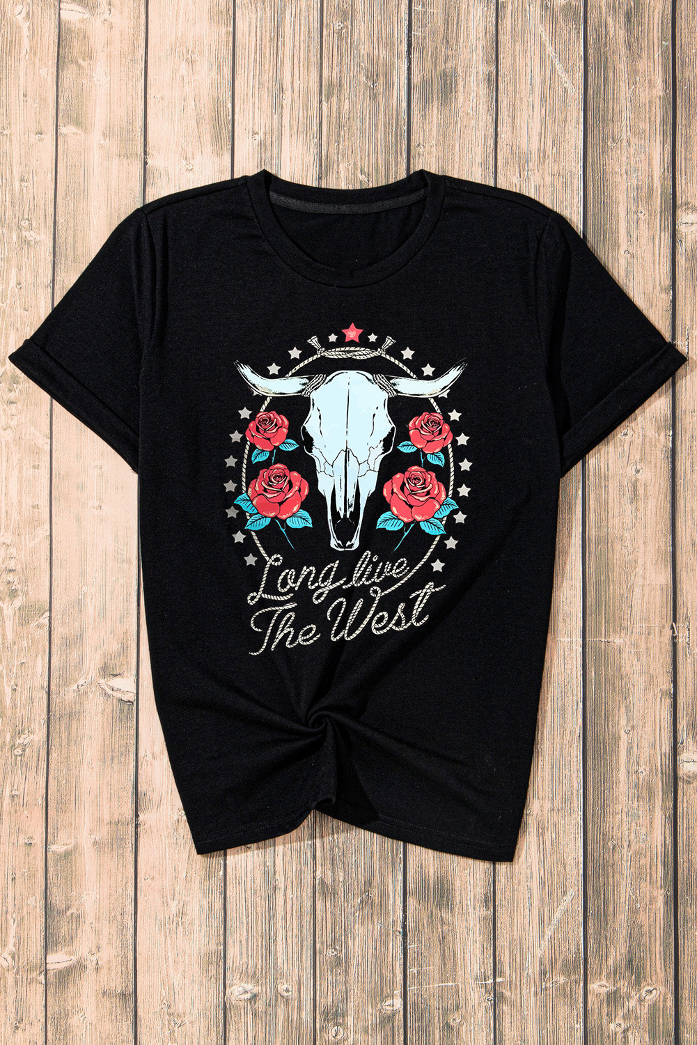 Black graphic tee with a western skull, roses, and rope design.