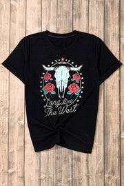 Black graphic tee with a western skull, roses, and rope design.