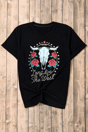 Black graphic tee with a western skull, roses, and rope design.