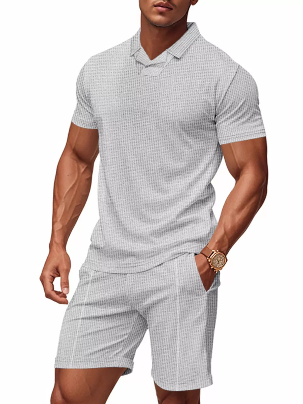 Men's light gray waffle knit polo shirt and jogger shorts set with subtle vertical stripe pattern.