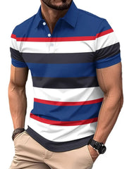 Men's blue, white, and red striped polo shirt with short sleeves and a button-up collar.