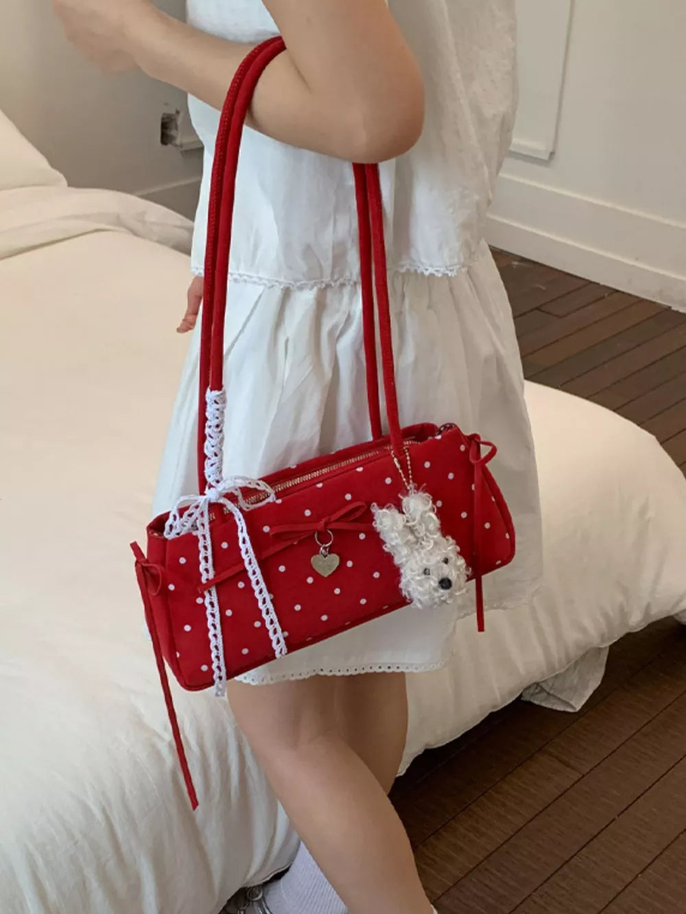 Polka Dot Shoulder Bag in Red, model styling view