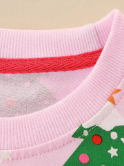 Pink crewneck sweatshirt with Christmas tree print and red trim detail.