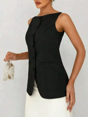 Black sleeveless button-down vest with boat neckline and pocket detail