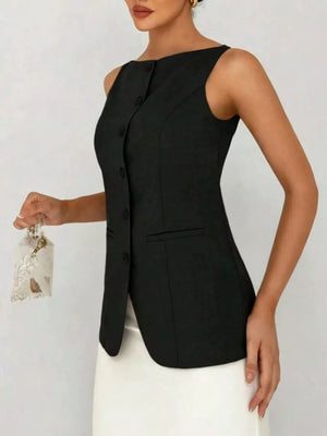 Black sleeveless button-down vest with boat neckline and pocket detail